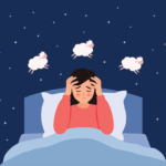 A sleepless person sits upright in bed with hands gently pressed to their temples, eyes tired and face drawn with exhaustion. Soft cartoon sheep float across a deep blue night sky scattered with tiny stars, suggesting the familiar struggle of counting sheep that offers no relief. The scene conveys the quiet frustration and emotional weight of insomnia, capturing the intimate moment when the mind refuses to rest even as the world around grows still.