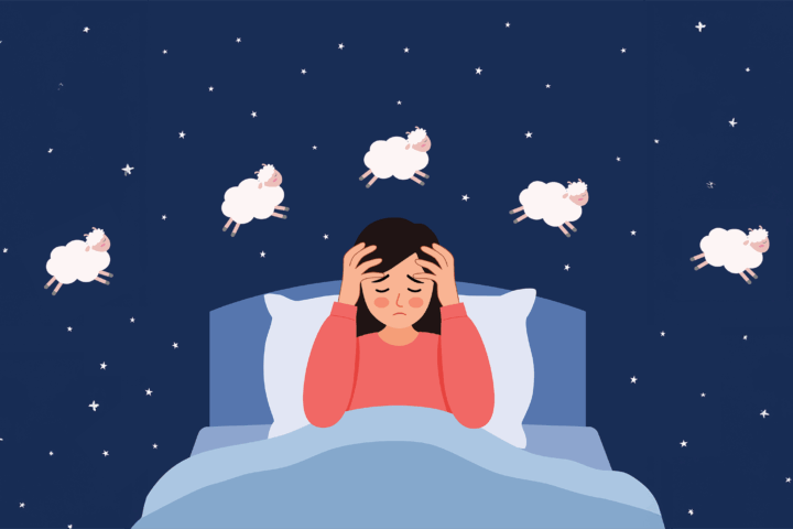 A sleepless person sits upright in bed with hands gently pressed to their temples, eyes tired and face drawn with exhaustion. Soft cartoon sheep float across a deep blue night sky scattered with tiny stars, suggesting the familiar struggle of counting sheep that offers no relief. The scene conveys the quiet frustration and emotional weight of insomnia, capturing the intimate moment when the mind refuses to rest even as the world around grows still.