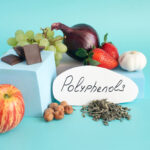 A curated still life of polyphenol-rich foods arranged against a serene turquoise backdrop. A crisp red-striped apple rests in the foreground, while squares of dark chocolate perch on minimalist pale-blue blocks beside hazelnuts, loose green tea leaves, and a handwritten “Polyphenols” label. Behind them, clusters of green grapes, ruby strawberries, a glossy purple onion, and a single white garlic bulb create a vibrant tableau of color and texture, evoking the natural abundance of plant-based compounds that shape human health and longevity.