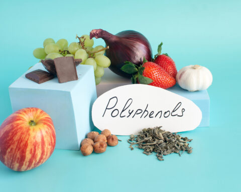 A curated still life of polyphenol-rich foods arranged against a serene turquoise backdrop. A crisp red-striped apple rests in the foreground, while squares of dark chocolate perch on minimalist pale-blue blocks beside hazelnuts, loose green tea leaves, and a handwritten “Polyphenols” label. Behind them, clusters of green grapes, ruby strawberries, a glossy purple onion, and a single white garlic bulb create a vibrant tableau of color and texture, evoking the natural abundance of plant-based compounds that shape human health and longevity.