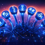 A luminous network of glowing blue nodes rises like a futuristic constellation against a cosmic horizon, each pillar crowned with a symbol of life’s machinery—DNA strands, chromosomes, mitochondria, and molecular structures—interwoven by radiant strands of light. The connections cascade downward into a dense web, suggesting a living system in motion, where biology is not isolated but intricately linked. Set against a gradient sky that shifts from deep indigo to warm orange, the scene evokes both the precision of advanced science and the quiet vastness of space, portraying aging as a complex, interconnected system rather than a single failing pillar.