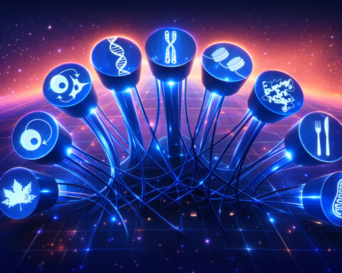 A luminous network of glowing blue nodes rises like a futuristic constellation against a cosmic horizon, each pillar crowned with a symbol of life’s machinery—DNA strands, chromosomes, mitochondria, and molecular structures—interwoven by radiant strands of light. The connections cascade downward into a dense web, suggesting a living system in motion, where biology is not isolated but intricately linked. Set against a gradient sky that shifts from deep indigo to warm orange, the scene evokes both the precision of advanced science and the quiet vastness of space, portraying aging as a complex, interconnected system rather than a single failing pillar.