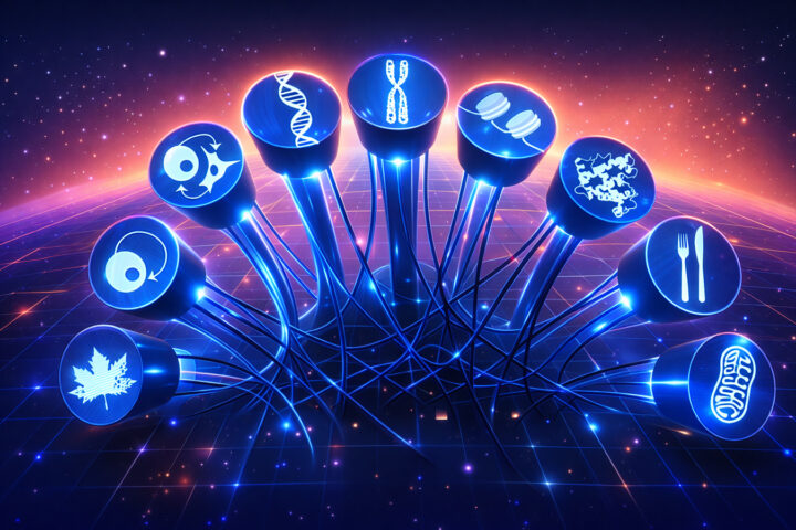 A luminous network of glowing blue nodes rises like a futuristic constellation against a cosmic horizon, each pillar crowned with a symbol of life’s machinery—DNA strands, chromosomes, mitochondria, and molecular structures—interwoven by radiant strands of light. The connections cascade downward into a dense web, suggesting a living system in motion, where biology is not isolated but intricately linked. Set against a gradient sky that shifts from deep indigo to warm orange, the scene evokes both the precision of advanced science and the quiet vastness of space, portraying aging as a complex, interconnected system rather than a single failing pillar.