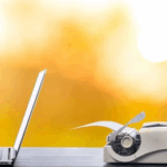A side-by-side scene showing hands typing on a modern laptop on the left and hands using a vintage typewriter on the right, set against a warm, glowing yellow background, symbolizing the contrast between old and new approaches.