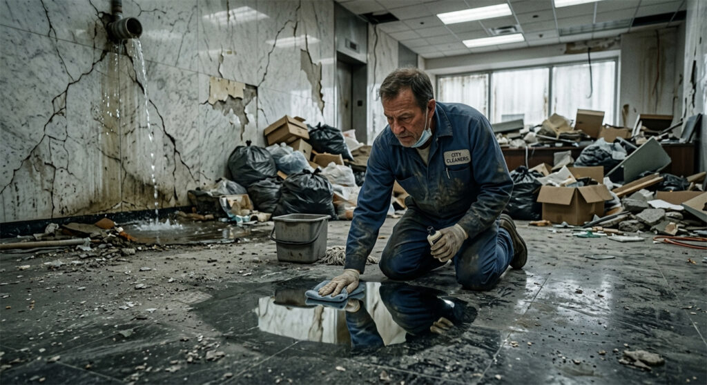 A weary janitor kneels in a deteriorating, debris-filled room, meticulously polishing a small, perfectly clean patch of floor while cracked walls, leaking pipes, and scattered trash surround him, symbolizing obsessive focus amid widespread decay.