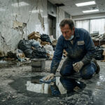 A weary janitor kneels in a deteriorating, debris-filled room, meticulously polishing a small, perfectly clean patch of floor while cracked walls, leaking pipes, and scattered trash surround him, symbolizing obsessive focus amid widespread decay.