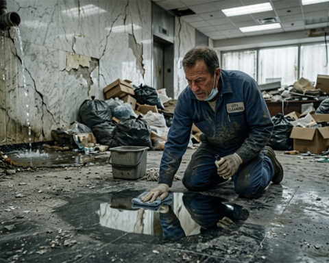 A weary janitor kneels in a deteriorating, debris-filled room, meticulously polishing a small, perfectly clean patch of floor while cracked walls, leaking pipes, and scattered trash surround him, symbolizing obsessive focus amid widespread decay.