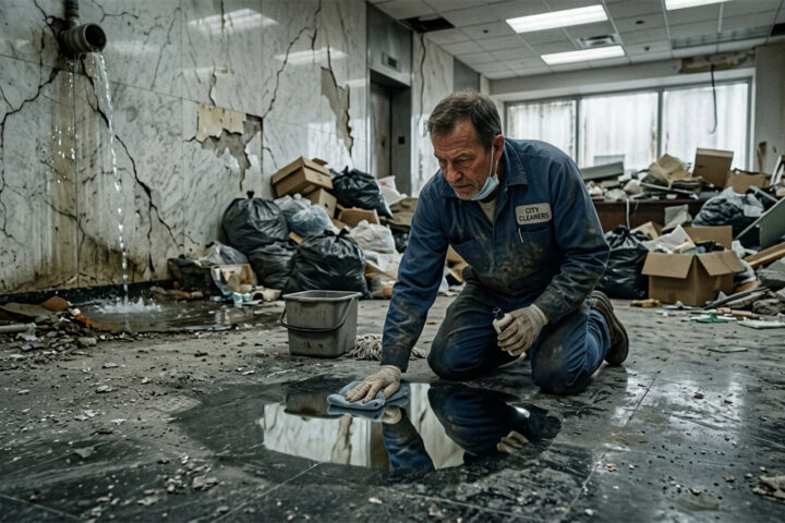 A weary janitor kneels in a deteriorating, debris-filled room, meticulously polishing a small, perfectly clean patch of floor while cracked walls, leaking pipes, and scattered trash surround him, symbolizing obsessive focus amid widespread decay.