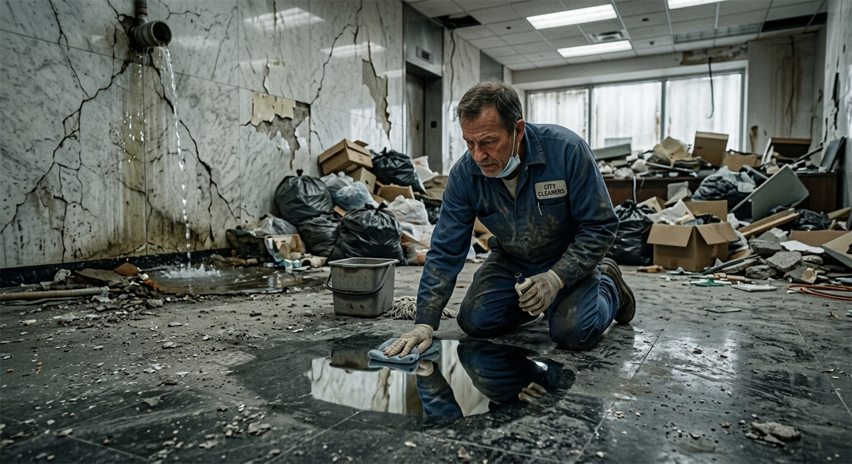 A weary janitor kneels in a deteriorating, debris-filled room, meticulously polishing a small, perfectly clean patch of floor while cracked walls, leaking pipes, and scattered trash surround him, symbolizing obsessive focus amid widespread decay.