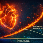 Visualization of genomic activation and cardiac aging showing LINE-1 increase over time and potential reversal through intervention, highlighting mechanisms of heart disease and longevity therapeutics