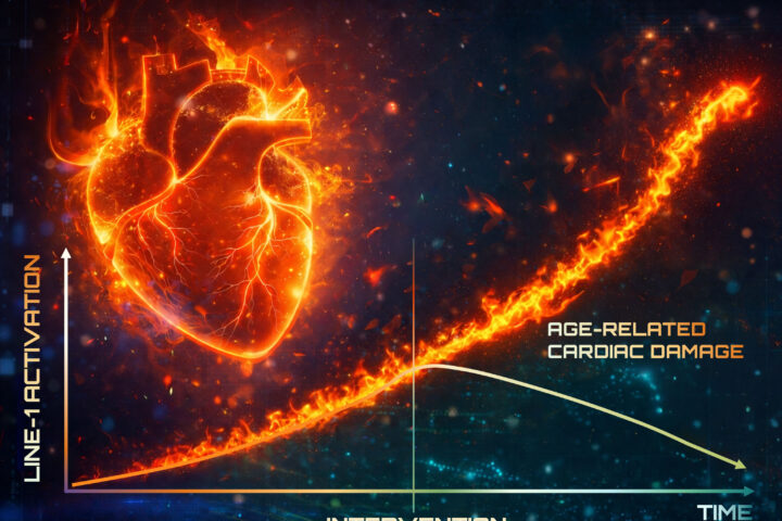 Visualization of genomic activation and cardiac aging showing LINE-1 increase over time and potential reversal through intervention, highlighting mechanisms of heart disease and longevity therapeutics