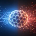 High-resolution scientific illustration of a central cluster of human cells exposed to two contrasting systemic environments. The left side shows a calm, blue, low-noise signaling field with sparse particles, where the cells appear uniform and stable. The right side shows a denser, warm-toned red/orange signaling field with more complex, dynamic particles, where the same cells appear slightly irregular and stressed. The image emphasizes how systemic signaling environments can influence cellular state without visible tissue damage.