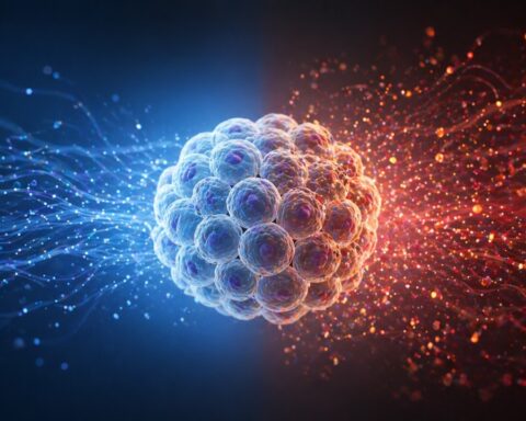 High-resolution scientific illustration of a central cluster of human cells exposed to two contrasting systemic environments. The left side shows a calm, blue, low-noise signaling field with sparse particles, where the cells appear uniform and stable. The right side shows a denser, warm-toned red/orange signaling field with more complex, dynamic particles, where the same cells appear slightly irregular and stressed. The image emphasizes how systemic signaling environments can influence cellular state without visible tissue damage.