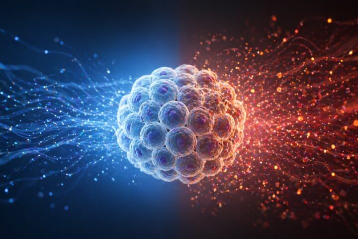 High-resolution scientific illustration of a central cluster of human cells exposed to two contrasting systemic environments. The left side shows a calm, blue, low-noise signaling field with sparse particles, where the cells appear uniform and stable. The right side shows a denser, warm-toned red/orange signaling field with more complex, dynamic particles, where the same cells appear slightly irregular and stressed. The image emphasizes how systemic signaling environments can influence cellular state without visible tissue damage.