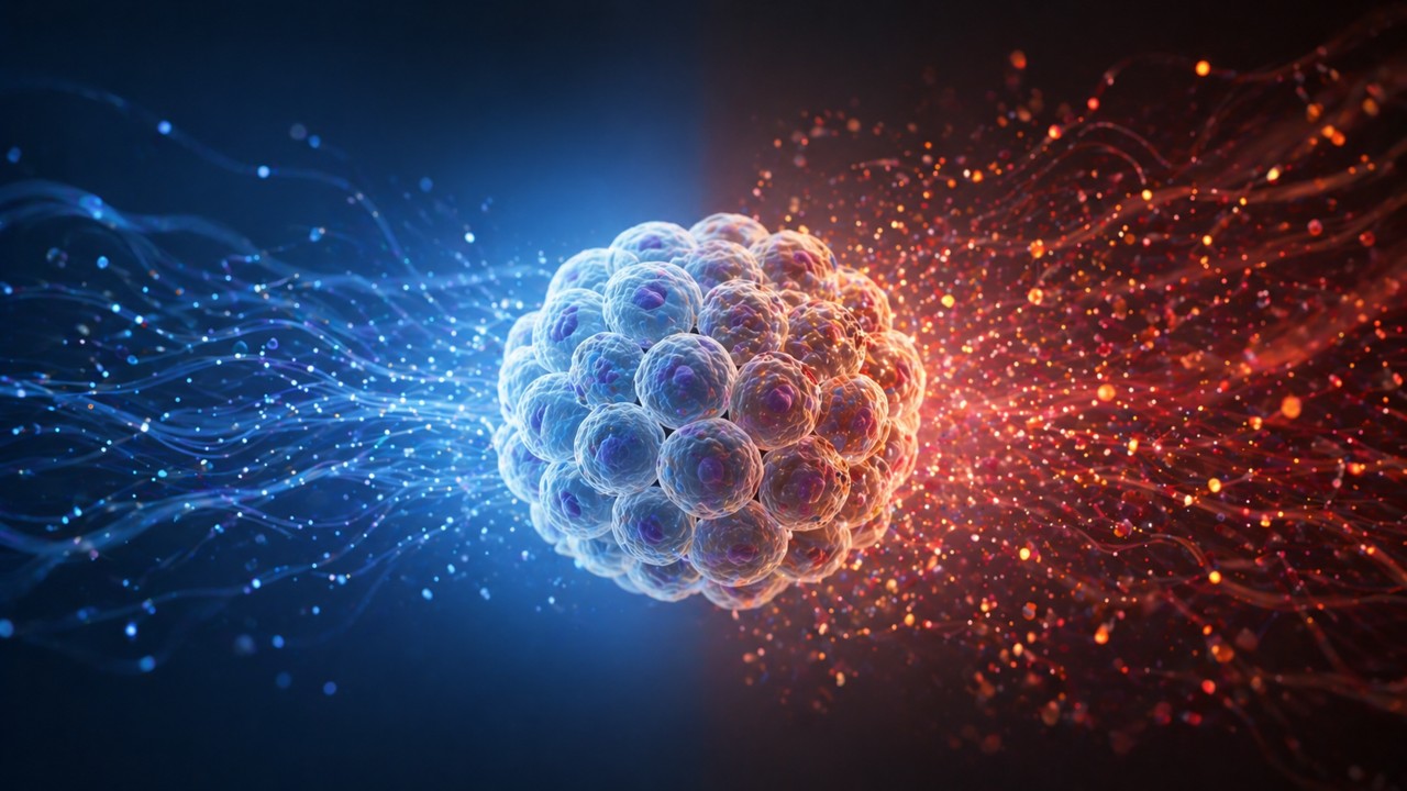 High-resolution scientific illustration of a central cluster of human cells exposed to two contrasting systemic environments. The left side shows a calm, blue, low-noise signaling field with sparse particles, where the cells appear uniform and stable. The right side shows a denser, warm-toned red/orange signaling field with more complex, dynamic particles, where the same cells appear slightly irregular and stressed. The image emphasizes how systemic signaling environments can influence cellular state without visible tissue damage.