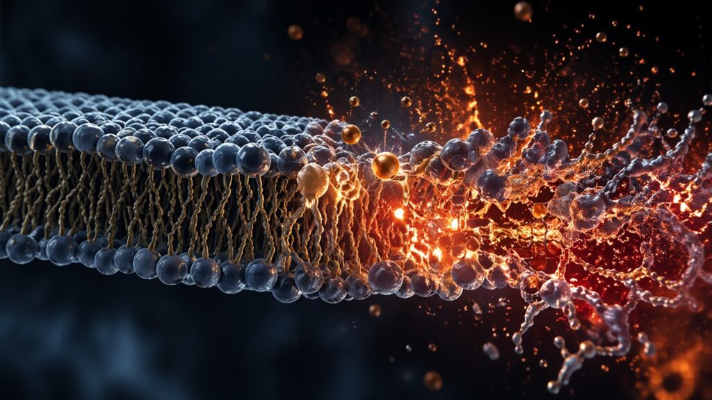 A photorealistic illustration of a lipid bilayer cell membrane undergoing oxidative damage, showing an intact, orderly membrane on the left transitioning into a disrupted region on the right where lipid chains are fragmented and breaking apart, with glowing orange-red oxidative reactions and nearby iron ions (Fe²⁺) catalyzing the damage.