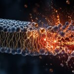 A photorealistic illustration of a lipid bilayer cell membrane undergoing oxidative damage, showing an intact, orderly membrane on the left transitioning into a disrupted region on the right where lipid chains are fragmented and breaking apart, with glowing orange-red oxidative reactions and nearby iron ions (Fe²⁺) catalyzing the damage.