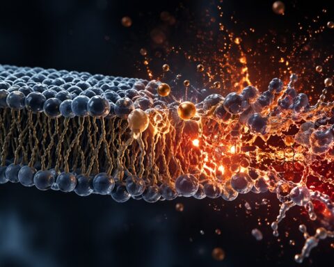A photorealistic illustration of a lipid bilayer cell membrane undergoing oxidative damage, showing an intact, orderly membrane on the left transitioning into a disrupted region on the right where lipid chains are fragmented and breaking apart, with glowing orange-red oxidative reactions and nearby iron ions (Fe²⁺) catalyzing the damage.