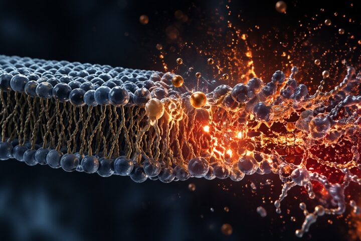 A photorealistic illustration of a lipid bilayer cell membrane undergoing oxidative damage, showing an intact, orderly membrane on the left transitioning into a disrupted region on the right where lipid chains are fragmented and breaking apart, with glowing orange-red oxidative reactions and nearby iron ions (Fe²⁺) catalyzing the damage.