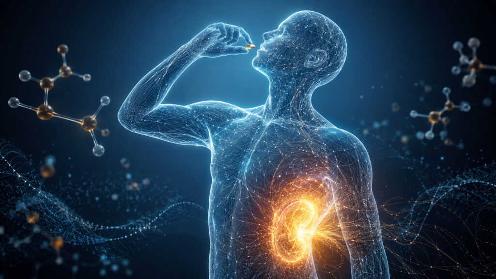 Blue wireframe figure raises a capsule to their mouth as a golden glow radiates from the kidney area, symbolizing senolytic rejuvenation.