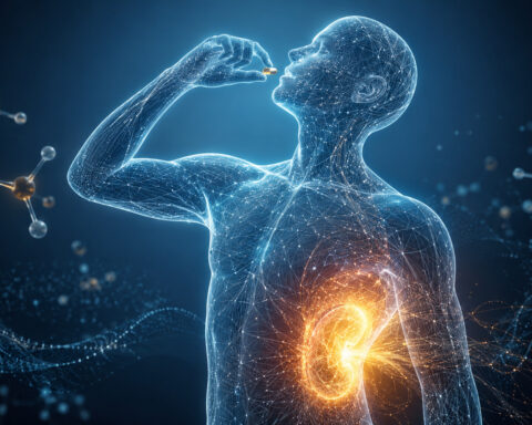 Blue wireframe figure raises a capsule to their mouth as a golden glow radiates from the kidney area, symbolizing senolytic rejuvenation.