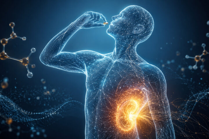 Blue wireframe figure raises a capsule to their mouth as a golden glow radiates from the kidney area, symbolizing senolytic rejuvenation.