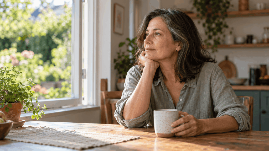 A woman in midlife sits beside a sunlit kitchen window, holding a mug and looking toward the garden.