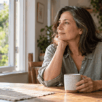 A woman in midlife sits beside a sunlit kitchen window, holding a mug and looking toward the garden.