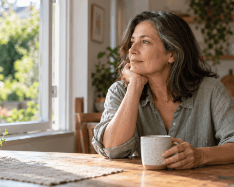 A woman in midlife sits beside a sunlit kitchen window, holding a mug and looking toward the garden.
