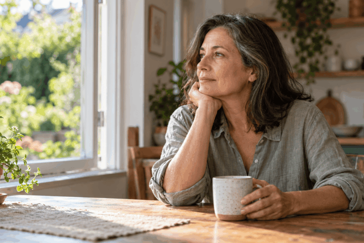 A woman in midlife sits beside a sunlit kitchen window, holding a mug and looking toward the garden.