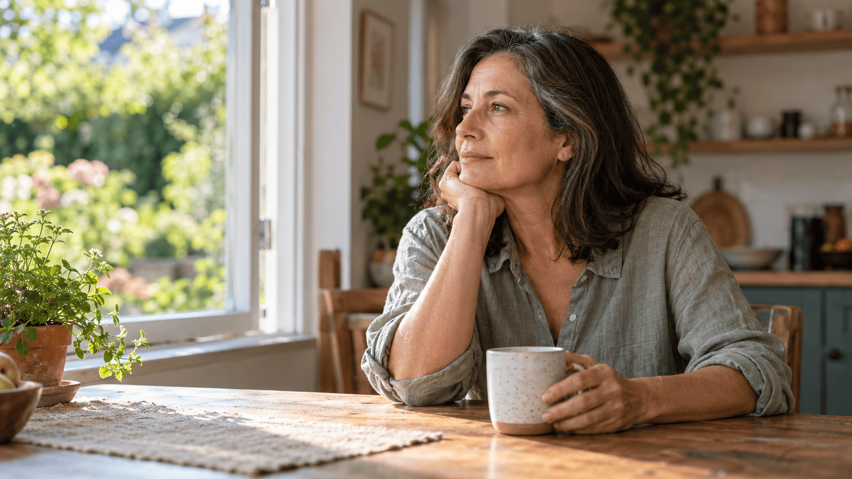 A woman in midlife sits beside a sunlit kitchen window, holding a mug and looking toward the garden.