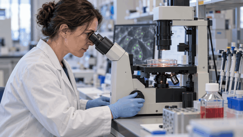 A researcher examines cultured cells through a microscope in a biomedical laboratory.