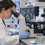A researcher examines cultured cells through a microscope in a biomedical laboratory.