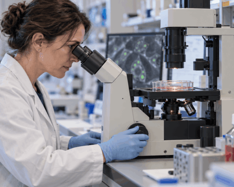 A researcher examines cultured cells through a microscope in a biomedical laboratory.