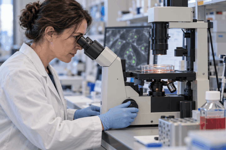 A researcher examines cultured cells through a microscope in a biomedical laboratory.