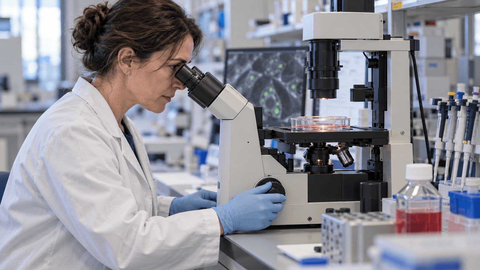 A researcher examines cultured cells through a microscope in a biomedical laboratory.